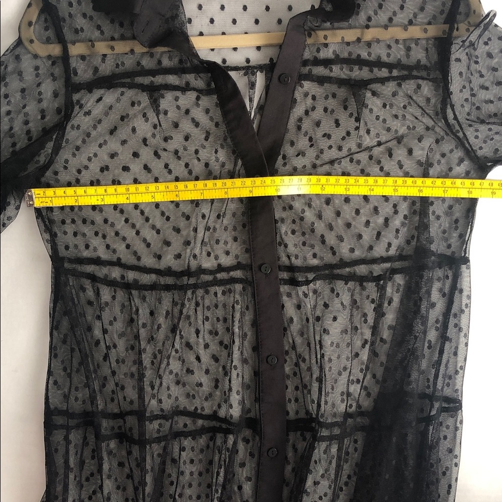 Black Polka Dot Sheer Mesh Fairy Maxi Dress Button Front Tiered - Picture 7 of 7